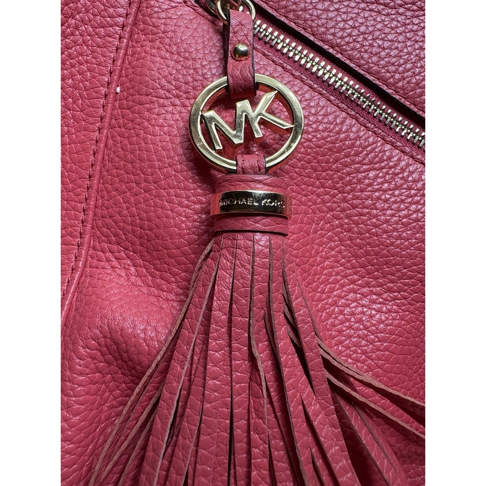 Michael Kors Pink Leather Hobo Shoulder Bag Tassel Charm Gold Tone Zip Pocket - Picture 5 of 9